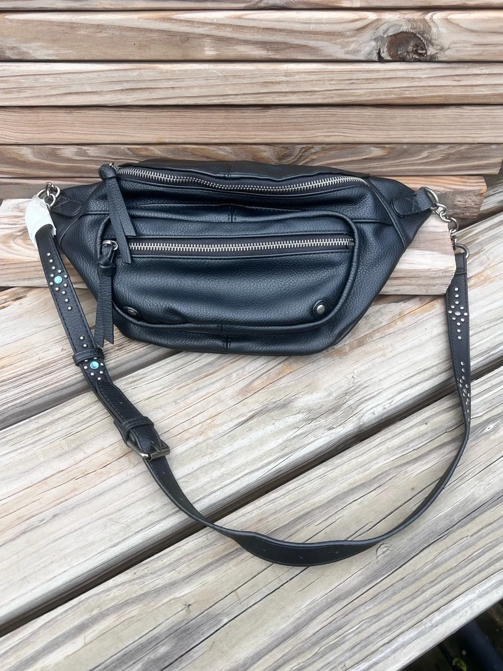 •Black Leather Riveted Crossbody Belt Bag! NEW!